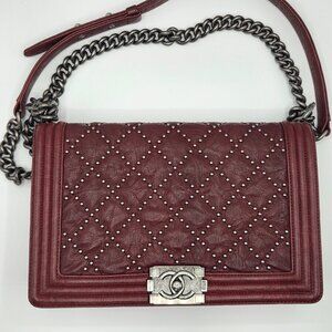 Women's Red Studded Leather New Medium Boy Bag